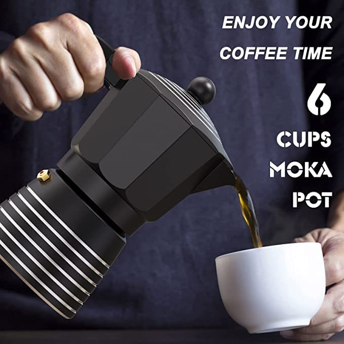 Flag Village Stovetop Espresso Maker 6 Cup 300ml, Aluminum Moka Pot Gift Set, Italian Cuban Greca Coffee, Easy To Use & Clean - Set Including 2 Cups, Spoon, Black, Perfect Gifts For Coffee Lovers