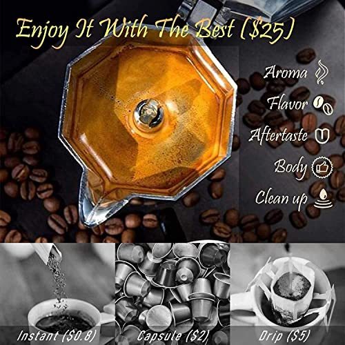 Flag Village Stovetop Espresso Maker 6 Cup 300ml, Aluminum Moka Pot Gift Set, Italian Cuban Greca Coffee, Easy To Use & Clean - Set Including 2 Cups, Spoon, Black, Perfect Gifts For Coffee Lovers