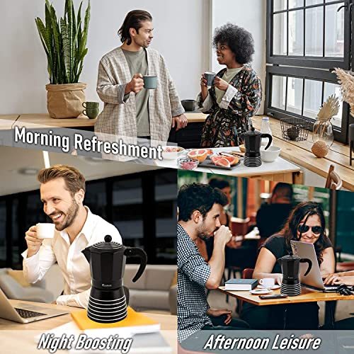 Flag Village Stovetop Espresso Maker 6 Cup 300ml, Aluminum Moka Pot Gift Set, Italian Cuban Greca Coffee, Easy To Use & Clean - Set Including 2 Cups, Spoon, Black, Perfect Gifts For Coffee Lovers