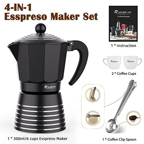 Flag Village Stovetop Espresso Maker 6 Cup 300ml, Aluminum Moka Pot Gift Set, Italian Cuban Greca Coffee, Easy To Use & Clean - Set Including 2 Cups, Spoon, Black, Perfect Gifts For Coffee Lovers