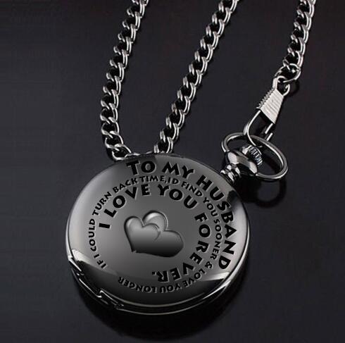 Flag Village retro black fashion silver smooth steampunk quartz pocket watch stainless steel chain necklace 30 cm for men for women with gift box