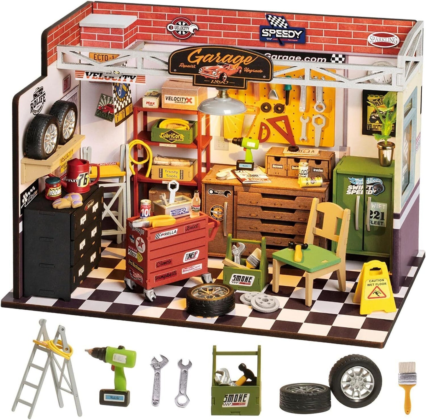 Flag Village Robotime Rolife Dollhouse Miniature House Kit DIY Mini Garage Workshop LED Light Decorative Wooden Craft Gifts For Children