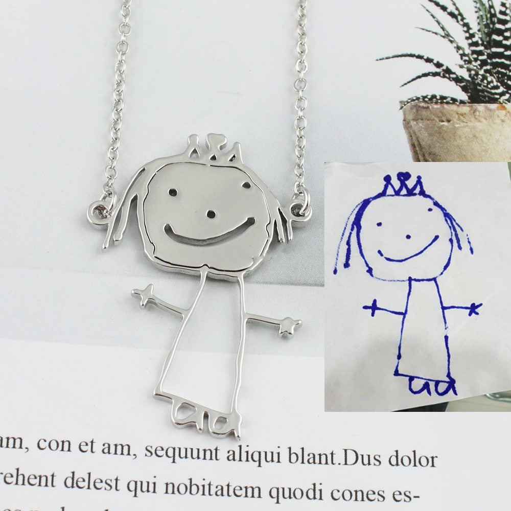 Flag Village Custom Kids Drawing Painting Necklace Stainless Stee Personalized Children Artwork Pendant For Kids Mom Family Jewelry Gifts
