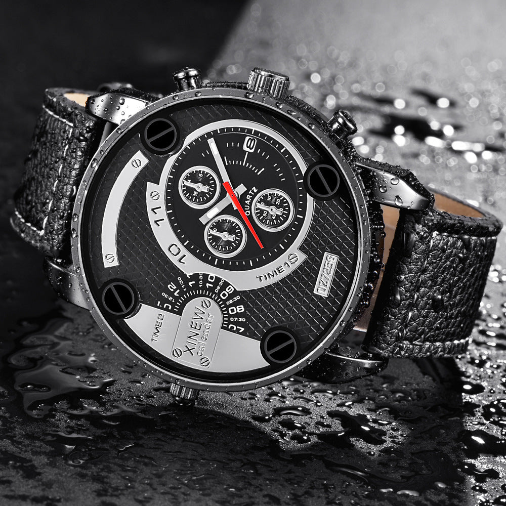 Flag Village Mens Big Watches Fashion Leather Date Gifts Wristwatch