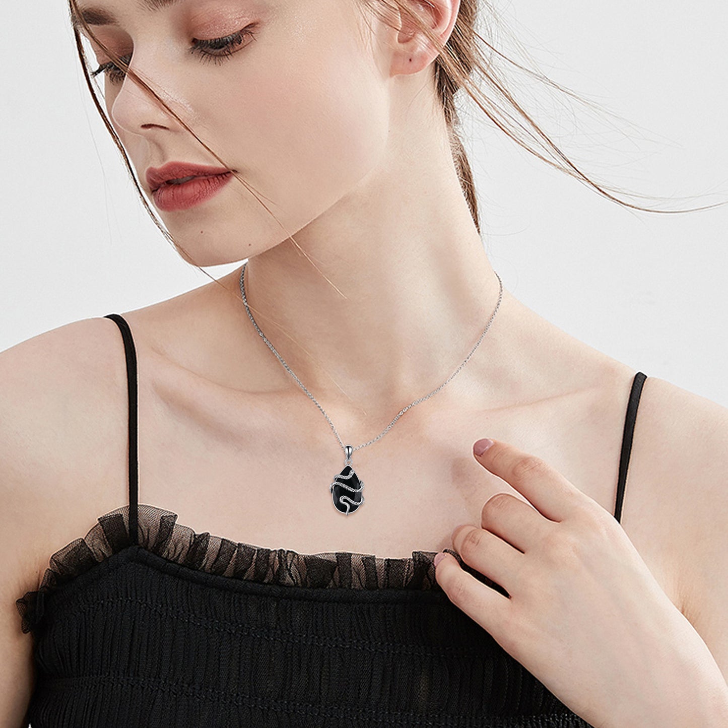 Flag Village Sterling Silver Black Obsidian Tourmaline Crystal Snake Necklace Jewelry as Gifts