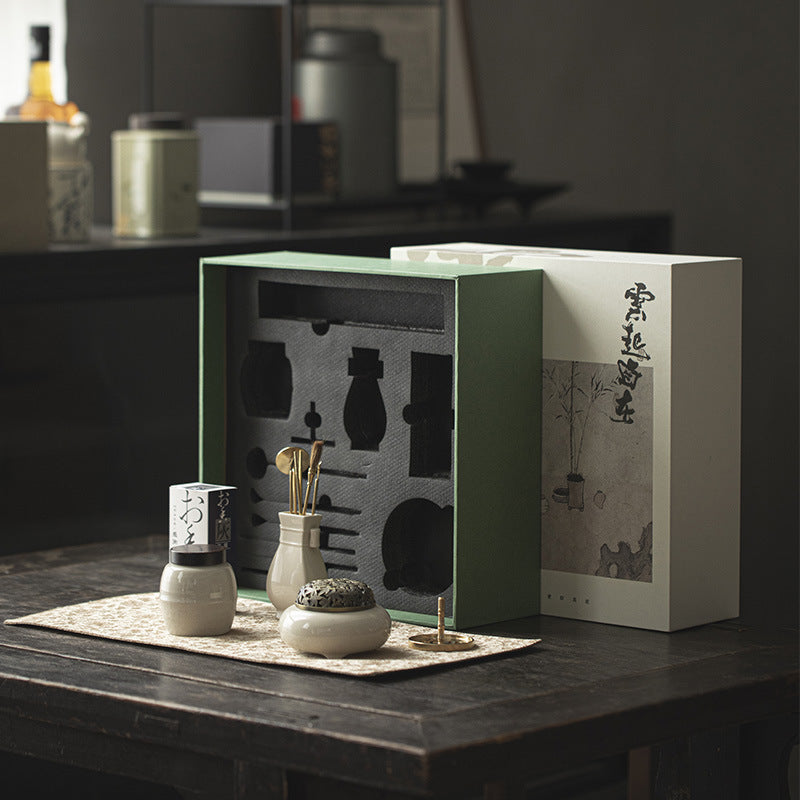 Flag Village Chinese Style Grass And Wood Gray Censer Set Incense Burner Pure Copper Gift Box Tea Ceremony Utensils Ceramic Incense Burner