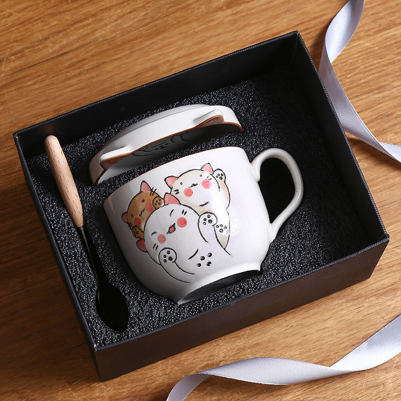 Flag Village Ceramic Cup With Lid Large Capacity, Spoon Set Gift Box