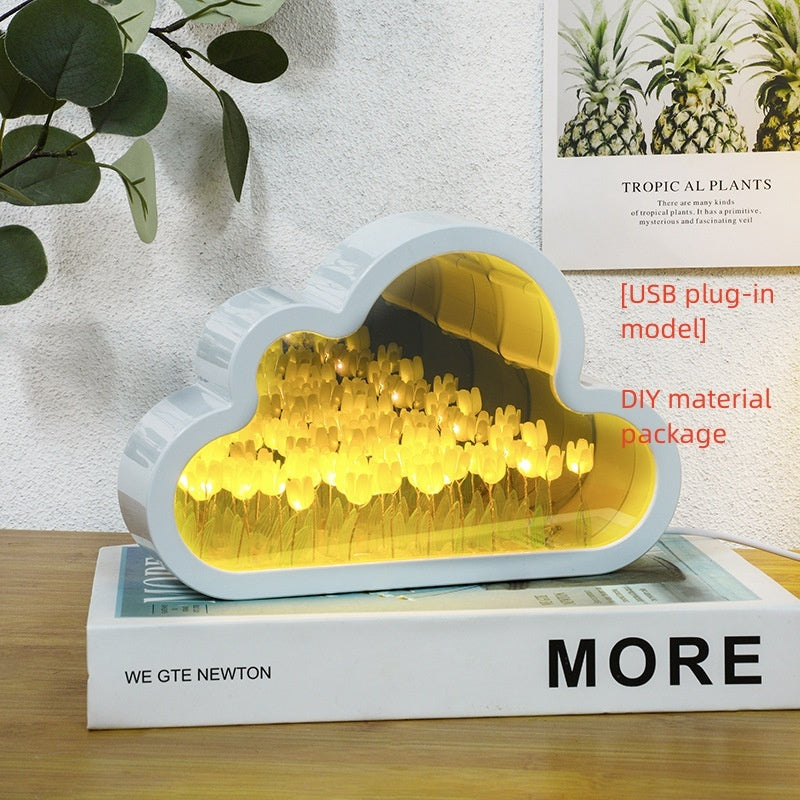 Flag Village Tulip Night Lamp DIY Material Cloud Tulips Night Lamp Decorative Mirrors Photo Frame LED Table Lights Korean Creative Desk Bedroom Handmade Birthday Gifts