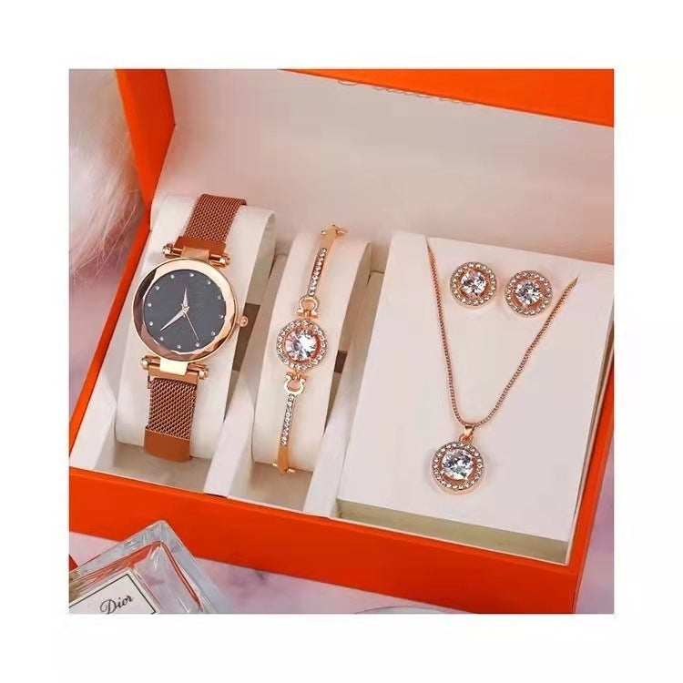 Flag Village Women's Suit Gift 5-piece Set Watch Bracelet Ring Necklace Earrings Combination Gift Box