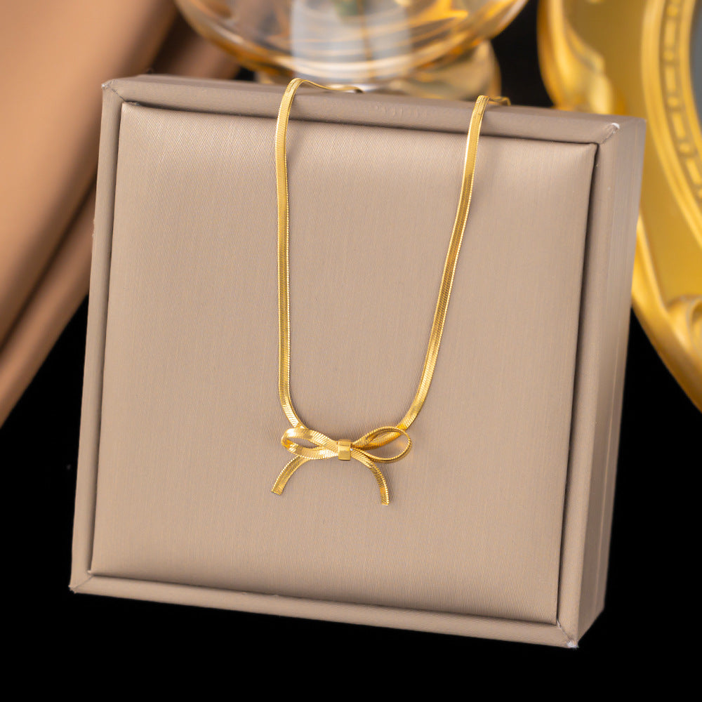 Flag Village Fashion Jewelry New Trendy Bowknot Stainless Steel Gold Plated Snake Chain Necklace For Women Elegant Niche Design Charms Choker Jewelry Gifts