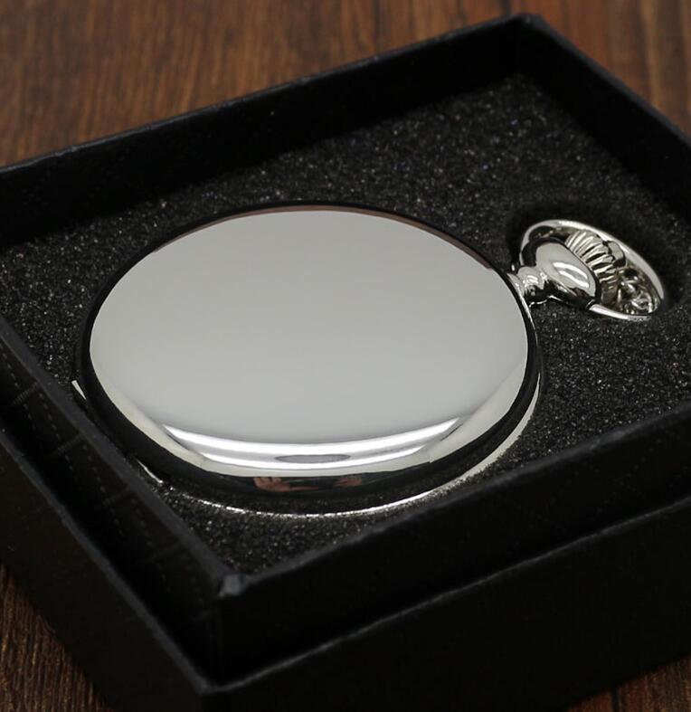 Flag Village retro black fashion silver smooth steampunk quartz pocket watch stainless steel chain necklace 30 cm for men for women with gift box