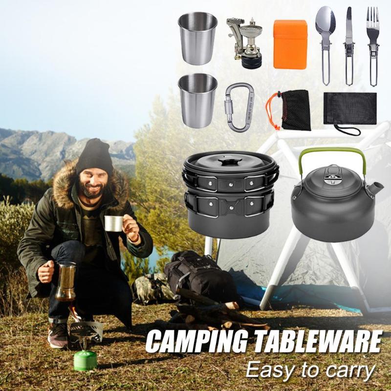 Flag Village Camping Cookware Kit Outdoor Cooking Set Aluminum Equipment Outdoor Pot Travel Tableware Kitchen Hiking Picnic BBQ