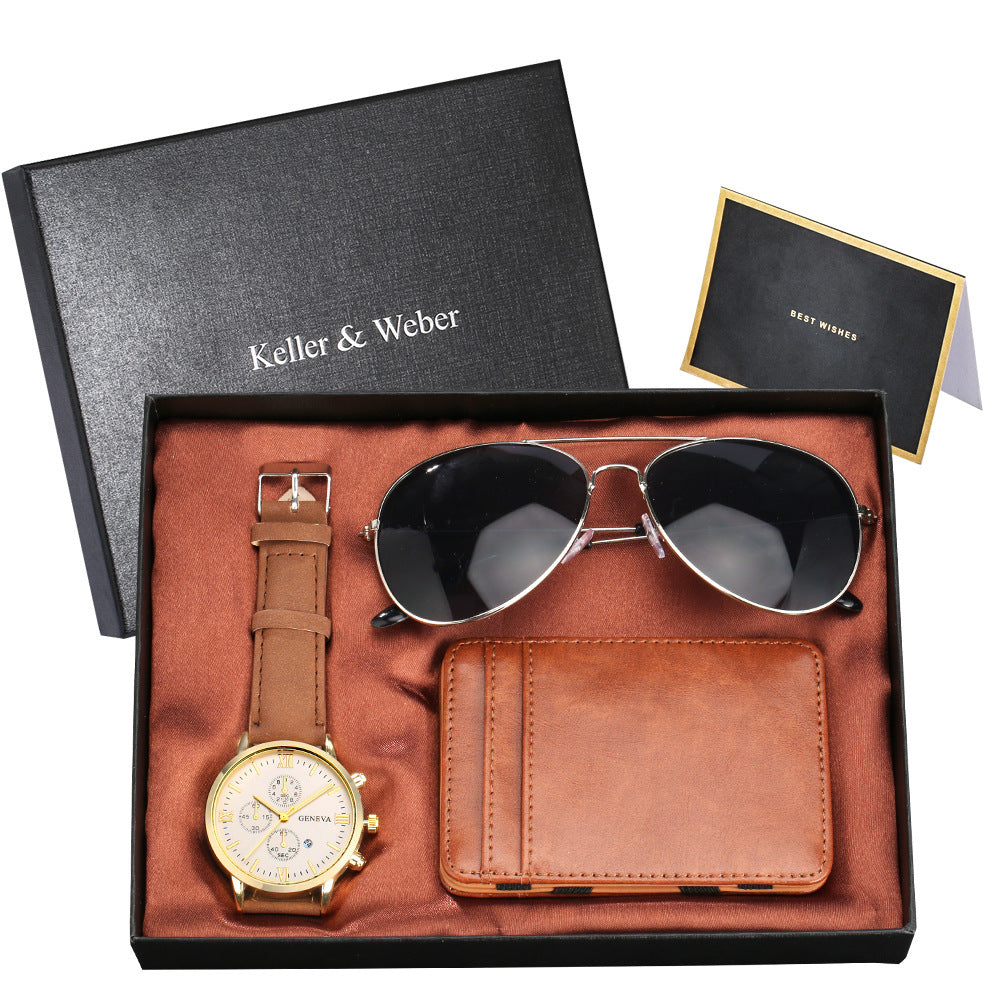 Flag Village New Men's Quartz Watch Set Glasses Wallet Gift Set Box