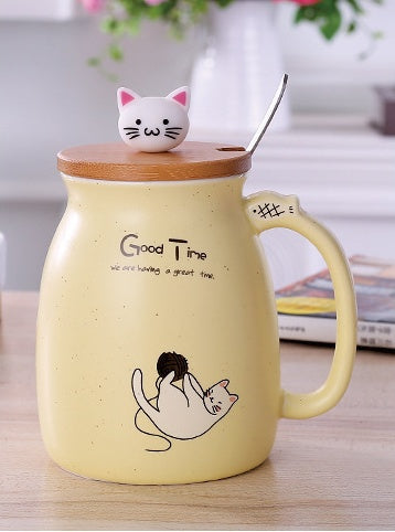 Flag Village 450ml Cartoon Ceramics Cat Mug With Lid and Spoon Coffee Milk Tea Mugs Breakfast Cup Drinkware Novelty Gifts
