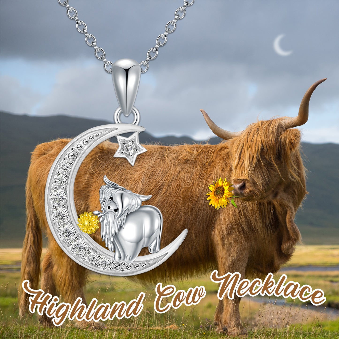 Flag Village Highland Cow Necklace Sterling Silver Cow Pendant Sunflower Necklace Cow Jewelry Gifts for Women Girls Cow Lovers