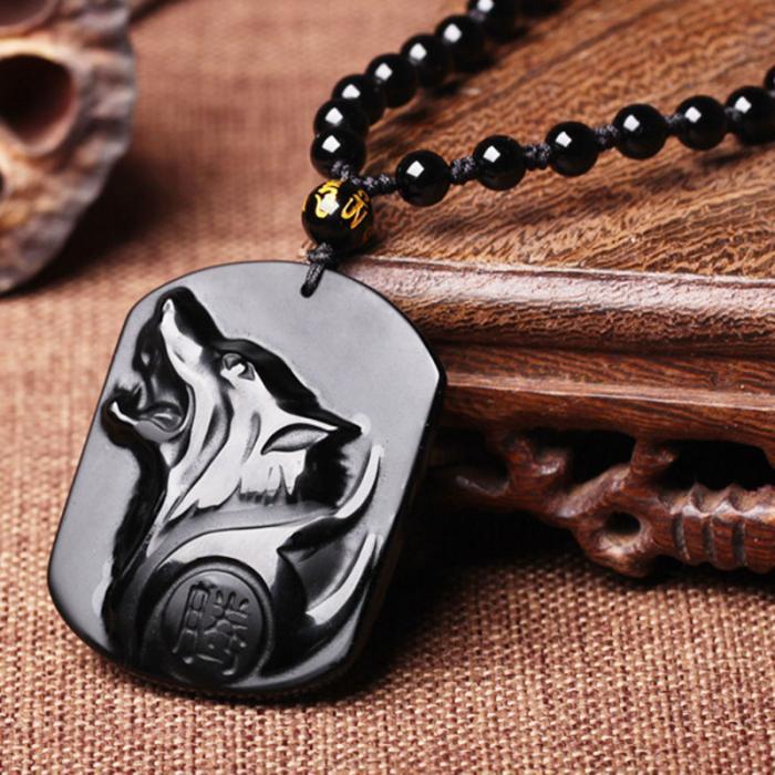 Flag Village New Obsidian Carving Wolf Head Amulet Pendant Necklace Blessing Lucky Men Necklaces Jewelry Gifts