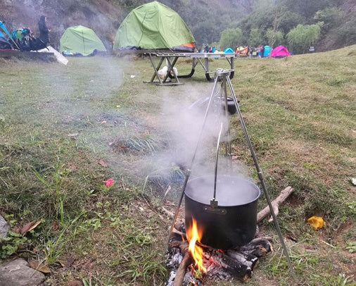 Flag Village Compatible with Apple, Camping outdoor campfire tripod hanging pot picnic fire bracket aluminum alloy tripod camping supplies