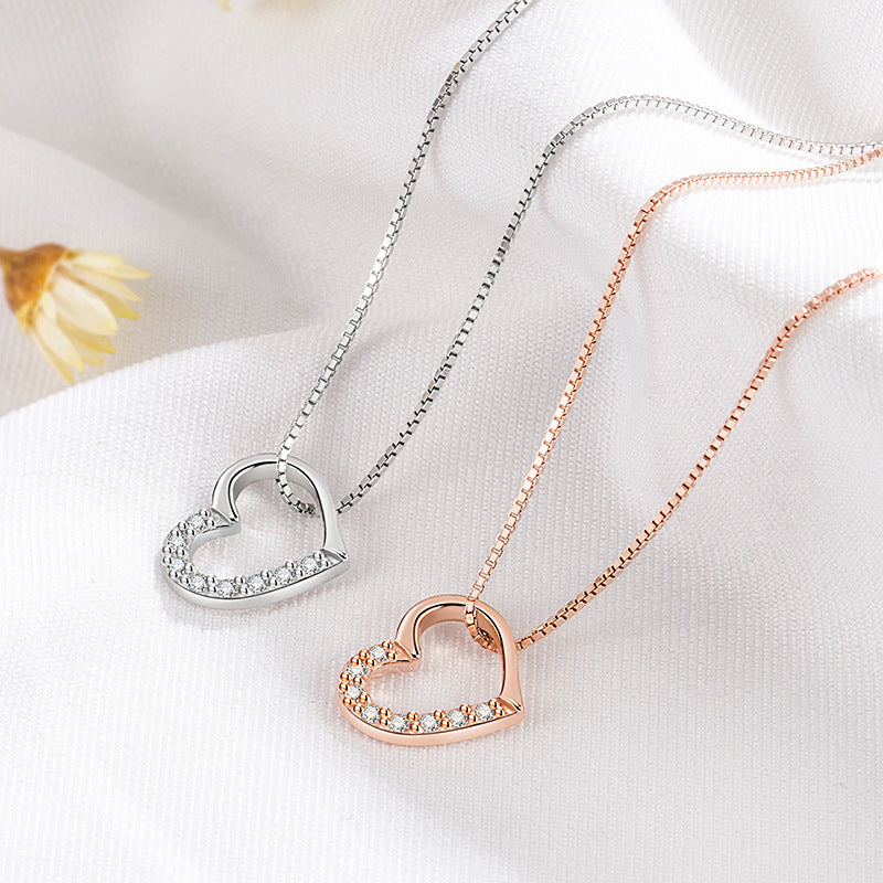 Flag Village S925 Sterling Silver Love Heart Pendant Necklace For Women Fashion Jewelry Ladies Gold Color Clavicle Chain High Quality Jewelry Gifts