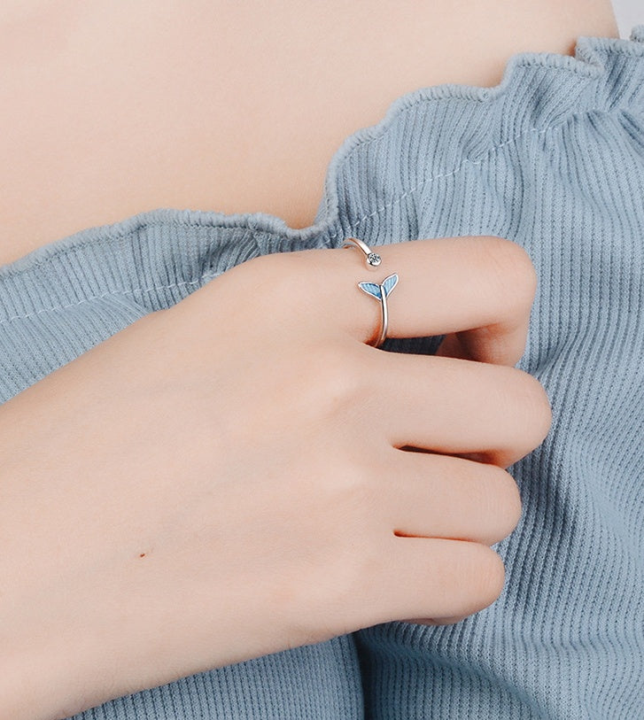 Flag Village Trendy Silver Color Blue Mermaid Tail Cuff Ring with Cubic Zirco Sea Whale Fish Tail Bague Rings Romantic Gifts