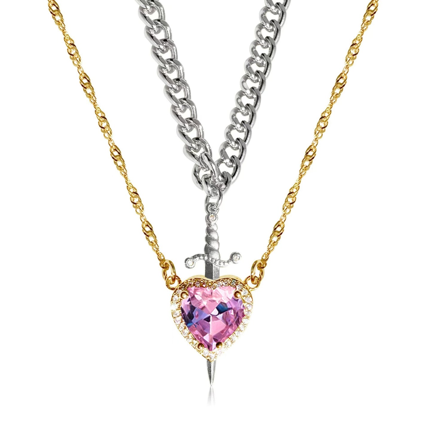 Flag Village New Heart And Sword Necklace Set Gold Color Stainless Steel Crystal Couple Necklaces For Women Men Boyfriend Girlfriend Gifts