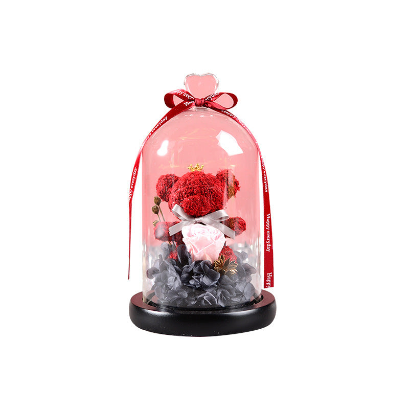 Flag Village Florist Gift Box Flowers Eternal Flower Glass Cover Bear Rose