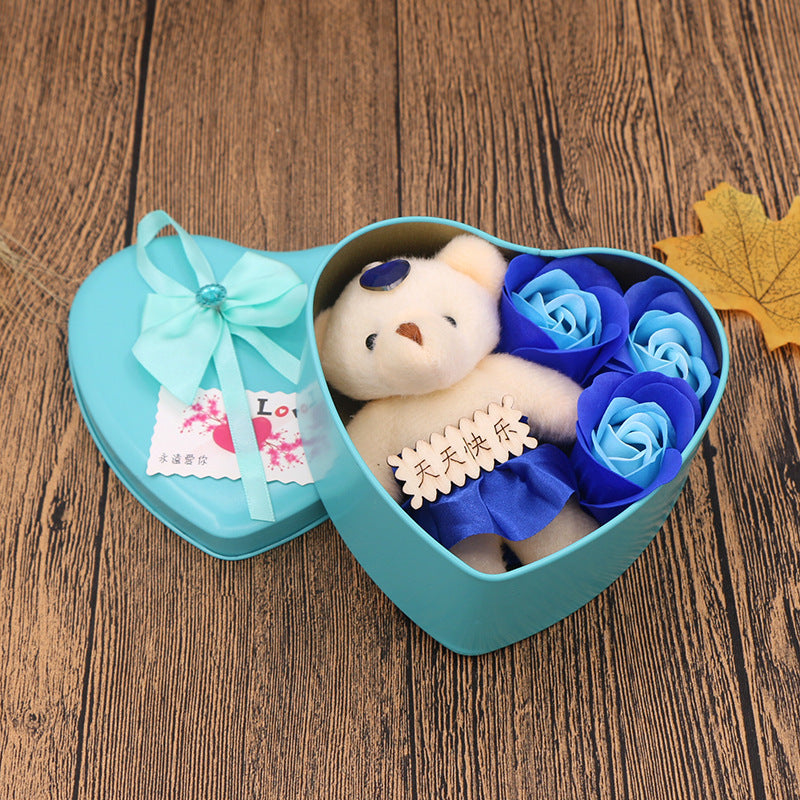 Flag Village Soap Flower Gift Box Valentine's Day Gift Mother's Day Creative Gifts Bear Flower Rose Heart Shaped Tin Box