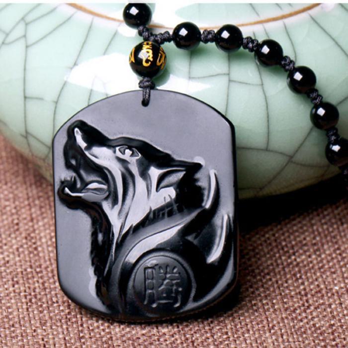Flag Village New Obsidian Carving Wolf Head Amulet Pendant Necklace Blessing Lucky Men Necklaces Jewelry Gifts