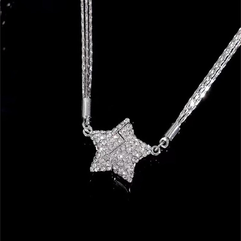 Flag Village Magnetic Five-pointed Star Necklace With Rhinestones Stainless Steel Clavicle Chain Personalized Designer Necklace Women Jewelry Gifts
