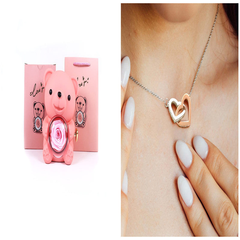 Flag Village Eternal Rose Teddy Bear Gifts Box With Necklace Rotate Rose Jewelry Box Valentine Wedding Storage Gift Case For Women Girlfriend