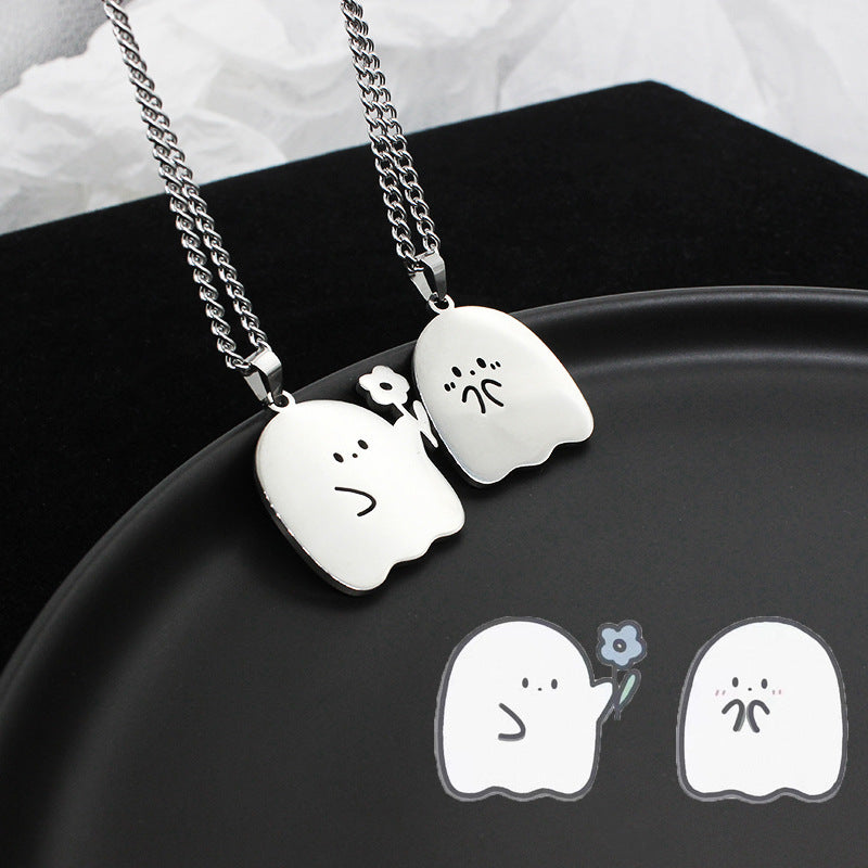 Flag Village Stainless Steel Cute Ghost Couple Necklace Kawaii Animal Cat Pendant Necklace Lovers Friendship Jewelry Gifts