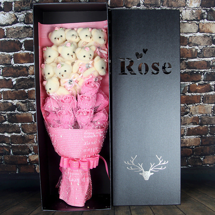 Flag Village Valentine Day Animals Plush Toys Teddy Bear Rose Soap Flower Dolls With Box Toy For Valentine's Day Birthday Gifts