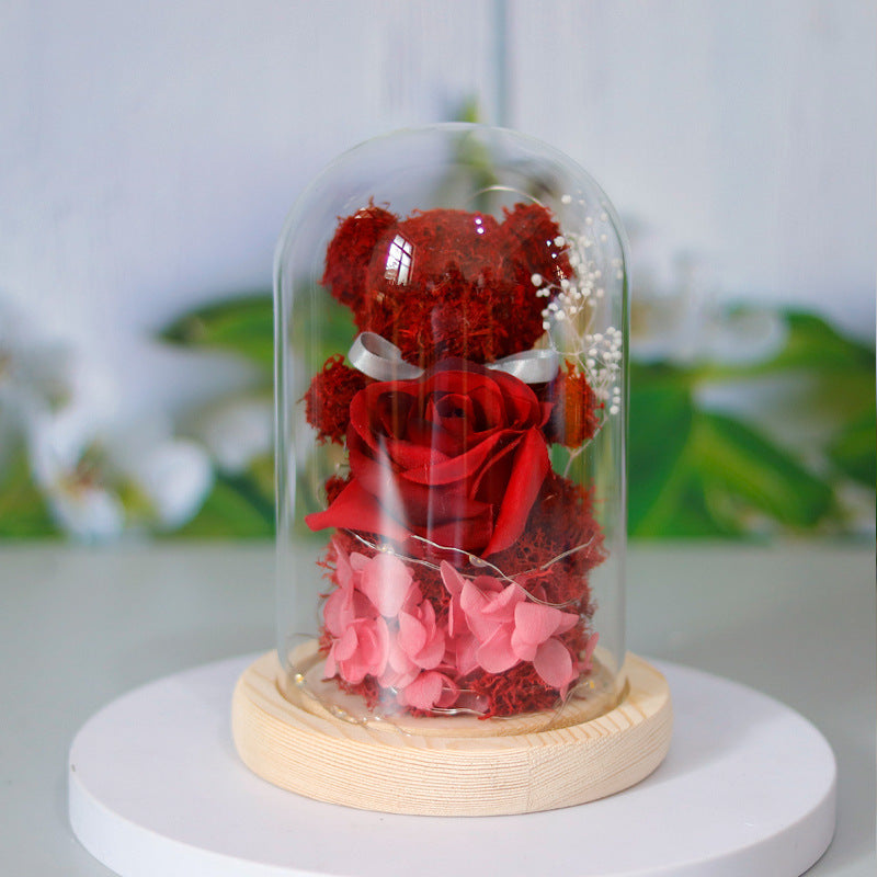 Flag Village Valentine's Day Gift For Girlfriend Eternal Preserved Rose Flower Gift Box Teddy Bear Eternal Flower With Lights Gift For Women Home Decor