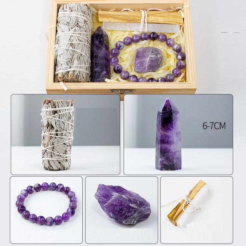 Flag Village Natural Crystal Amethyst Wooden Box Set Gift Box