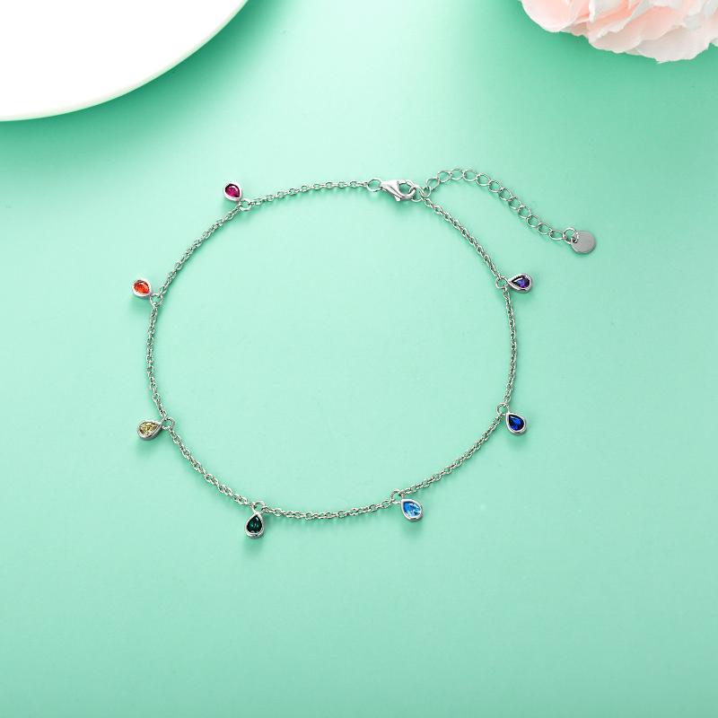 Flag Village Anklets for Women Sterling Silver Multi Color Oval Rainbow Anklet Bracelets Fashion Jewelry Gifts for Women Teen Girls Friend Birthday