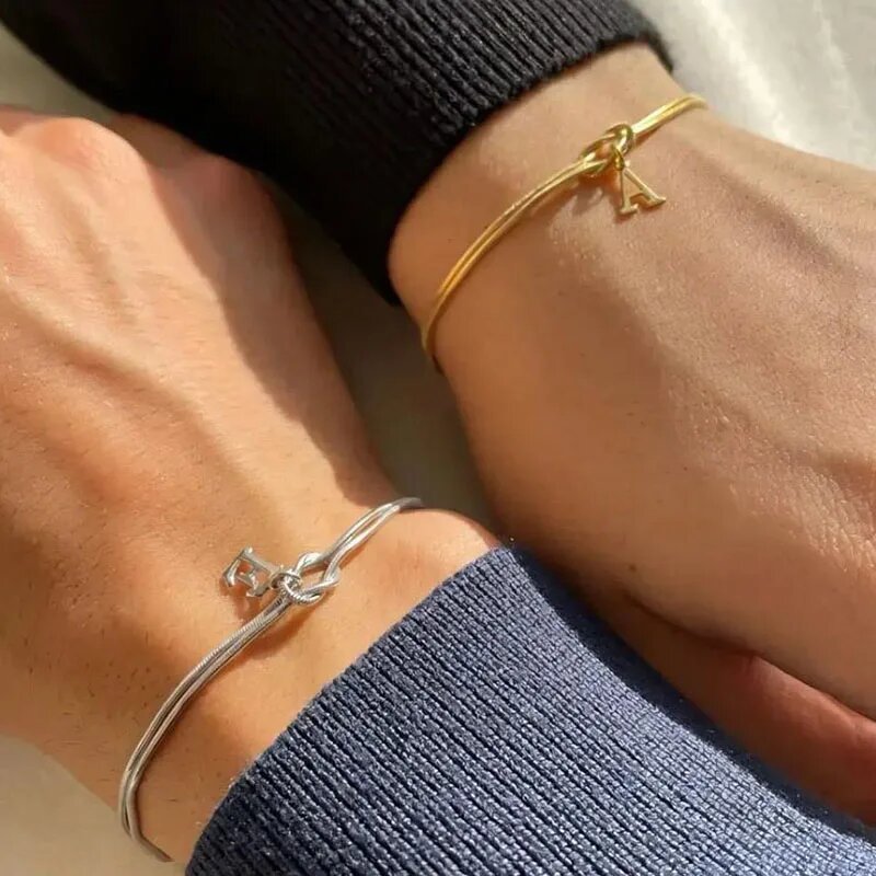 Flag Village New Letter A-Z Love Knot Bracelets For Women Couple Gold Color Dainty Snake Chain Charm Bracelet Stainless Steel Jewelry Gift Valentine's Day Gifts