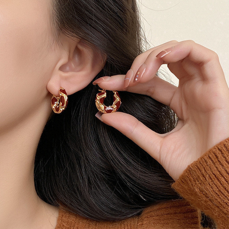 Flag Village Fashion Jewelry New Trendy Enamel Color Metal Texture Small Hoop Earrings For Women Gold Plated Statement Ear Buckle Creative Jewelry Gifts