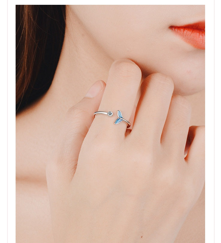 Flag Village Trendy Silver Color Blue Mermaid Tail Cuff Ring with Cubic Zirco Sea Whale Fish Tail Bague Rings Romantic Gifts