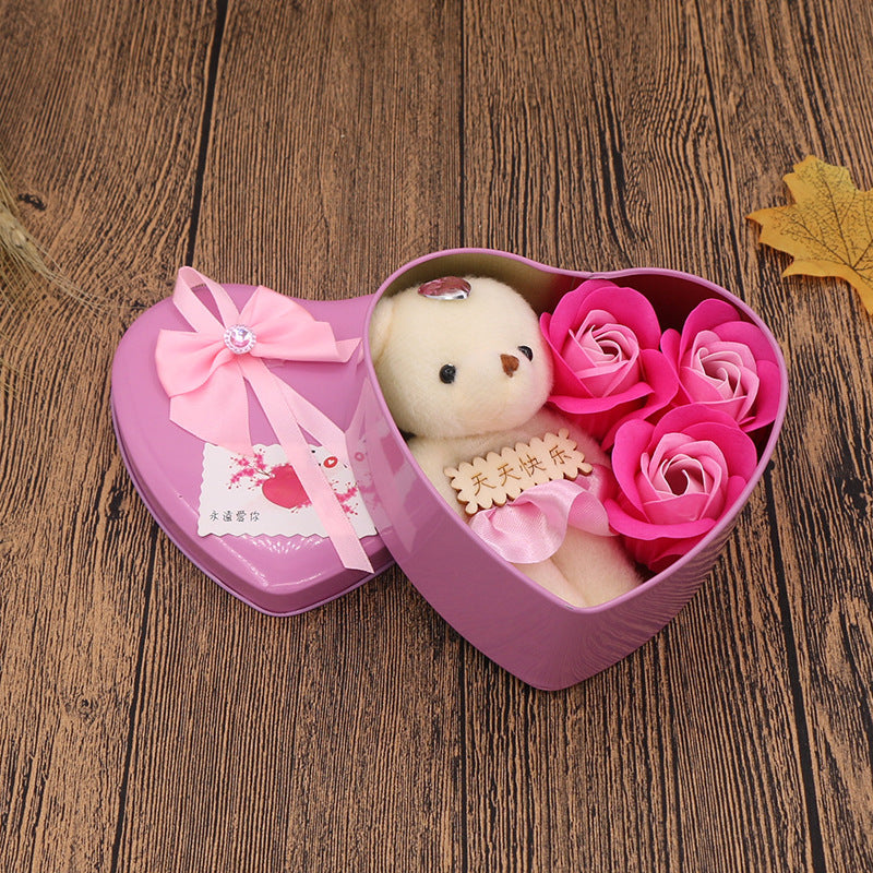Flag Village Soap Flower Gift Box Valentine's Day Gift Mother's Day Creative Gifts Bear Flower Rose Heart Shaped Tin Box