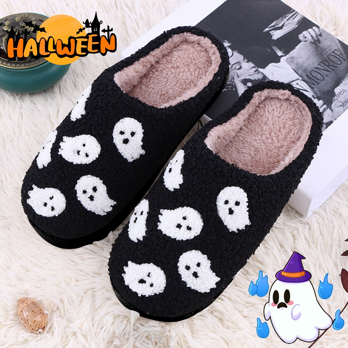 Flag Village Halloween Funny Spider Ghost Scary Flat Indoor House Shoes For Women Men Soft Plush Cozy Horror Halloween Gifts