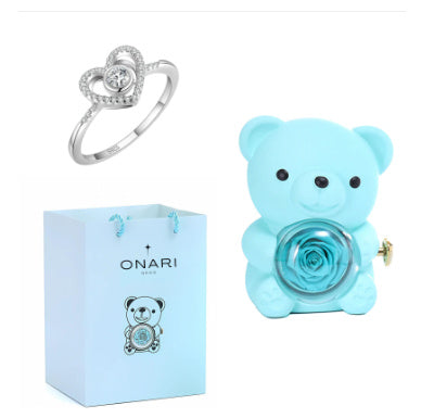 Flag Village Eternal Rose Teddy Bear Gifts Box With Necklace Rotate Rose Jewelry Box Valentine Wedding Storage Gift Case For Women Girlfriend