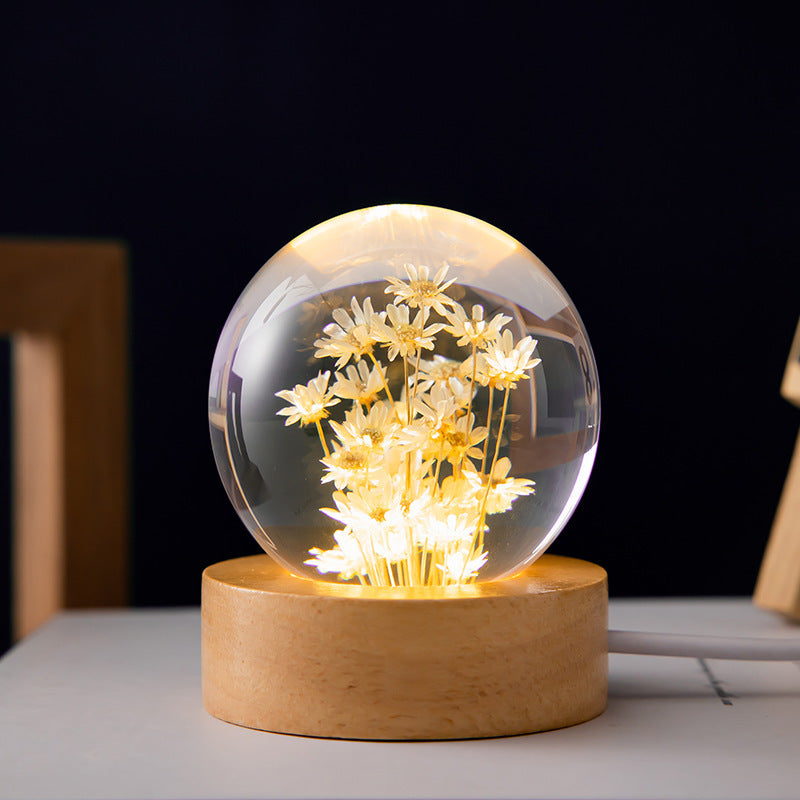 Flag Village Luminous 3D Dandelion Crystal Ball Beech Wood Stand Base Preserved Flower Sphere Ball Desktop Ornaments Bithday Christmas Gifts