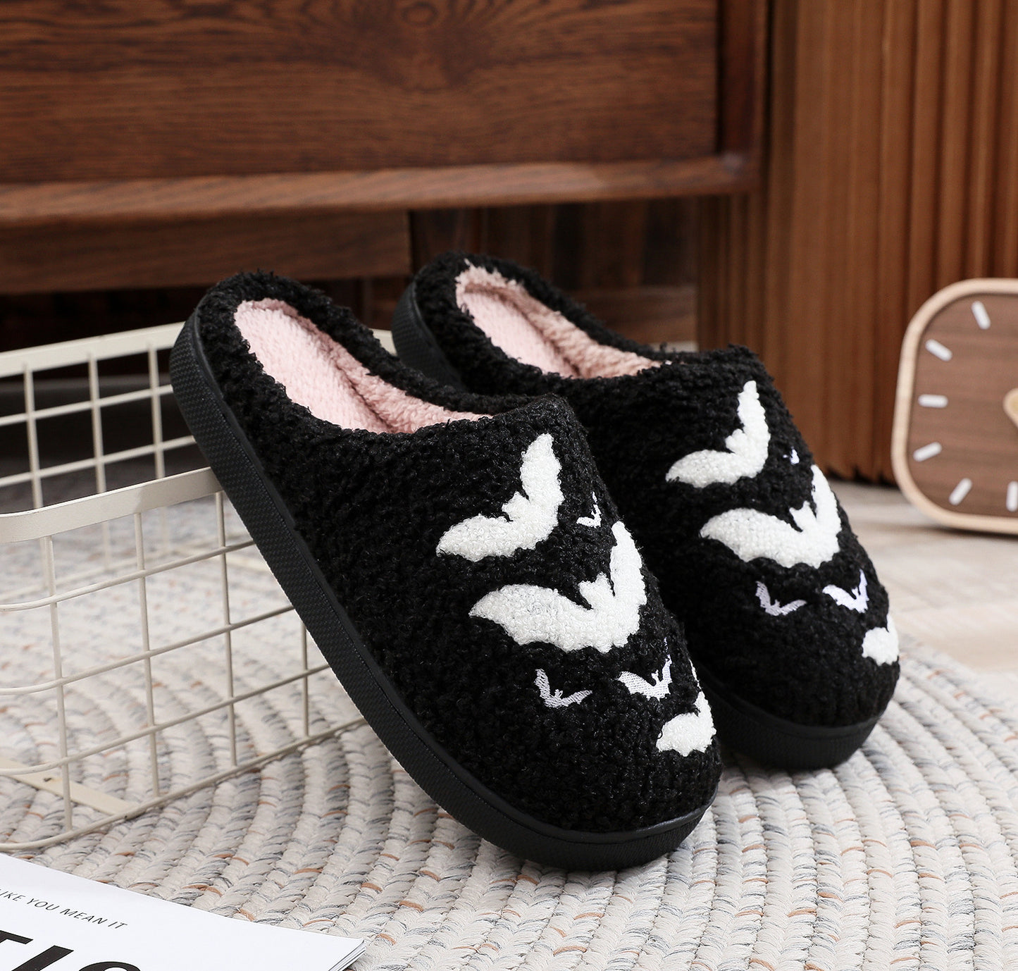 Flag Village Funny Bat Slipper Halloween Pumpkin Flat Indoor House Shoes For Women Men Soft Plush Cozy Horror Fashion Halloween Gifts