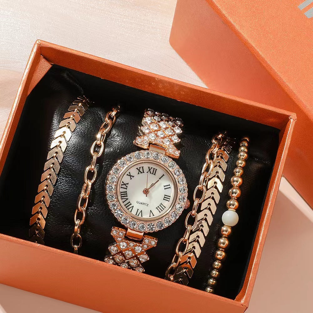 Flag Village Diamond Women's Bracelet Watch Luxury Fashion Gift Box Watch Bracelet Six-piece Set