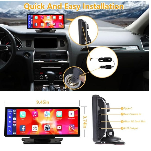 Flag Village Auto Tools Portable Wireless Carplay With 2.5K Camera, 1080P Back Cam 9.3inches Ultra HD Android Auto Car Play Screen For Car DVR Loop Recording, Bluetooth GPS Navigation Touch Drive Screen With FM Radio System