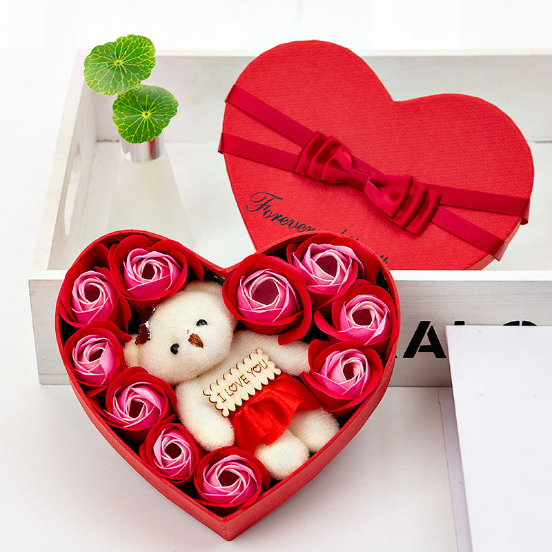 Flag Village 10 Soap Flower Rose Gift Box Bear Christmas Girlfriend Birthday Wedding Gift for Valentine's Day
