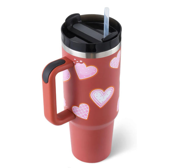 Flag Village 40 Oz Tumbler With Handle Straw Insulated, Stainless Steel Spill Proof Vacuum Coffee Cup Tumbler With Lid Tapered Mug Gifts For Valentine Lover Suitable For Car Gym Office Travel