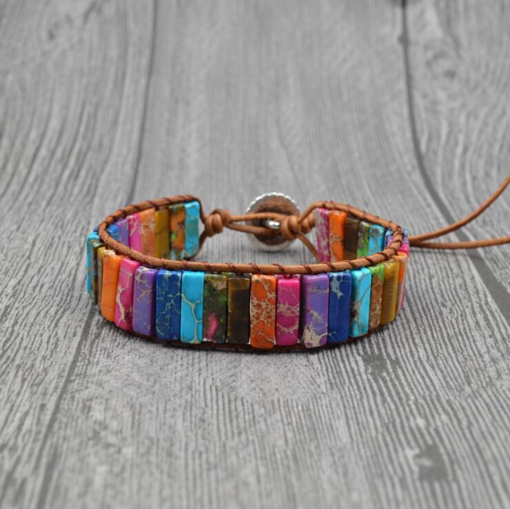Flag Village Chakra Bracelet Jewelry Handmade Multi Color Natural Stone Tube Beads Leather Wrap Bracelet Couples Bracelets Creative Gifts