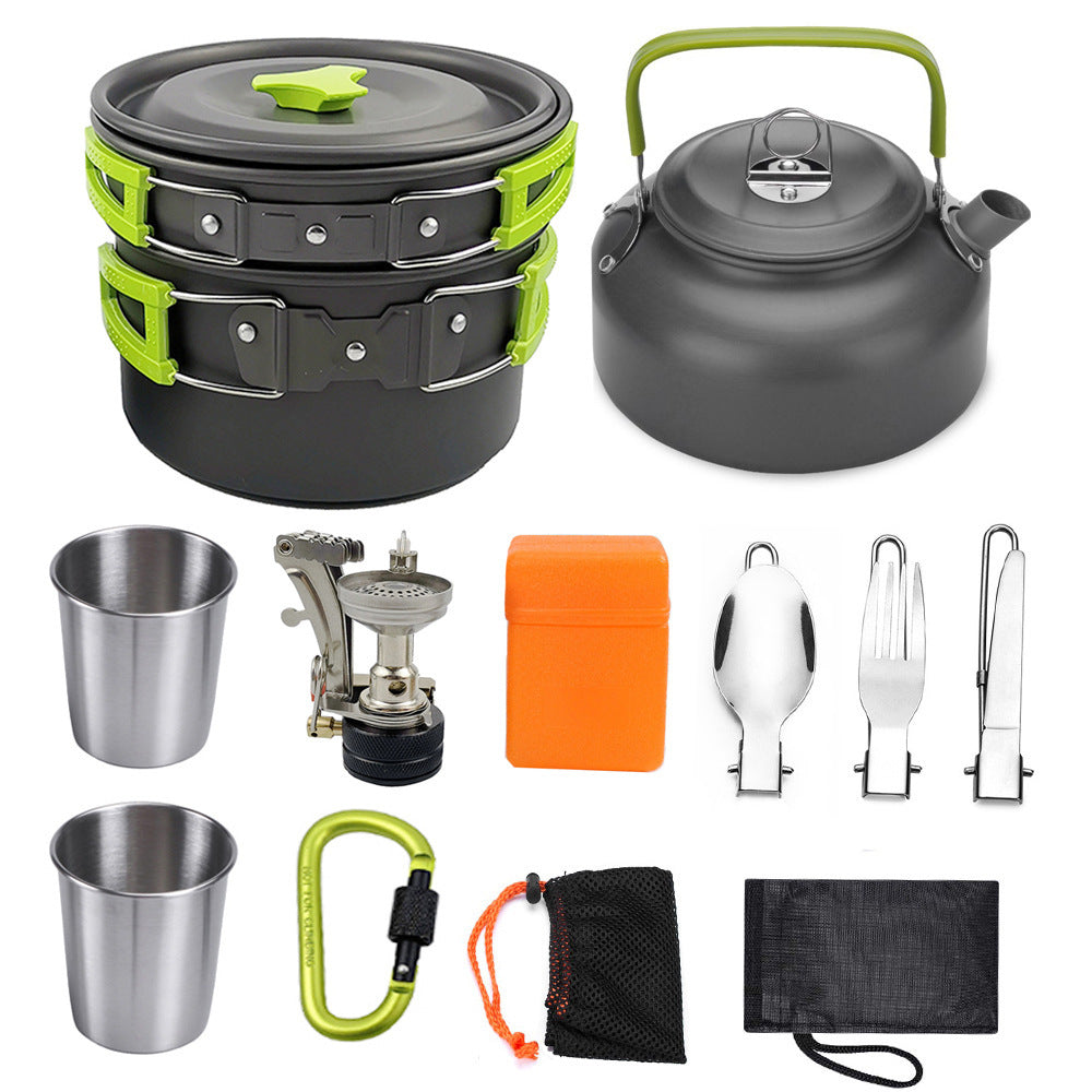 Flag Village Camping Cookware Kit Outdoor Cooking Set Aluminum Equipment Outdoor Pot Travel Tableware Kitchen Hiking Picnic BBQ