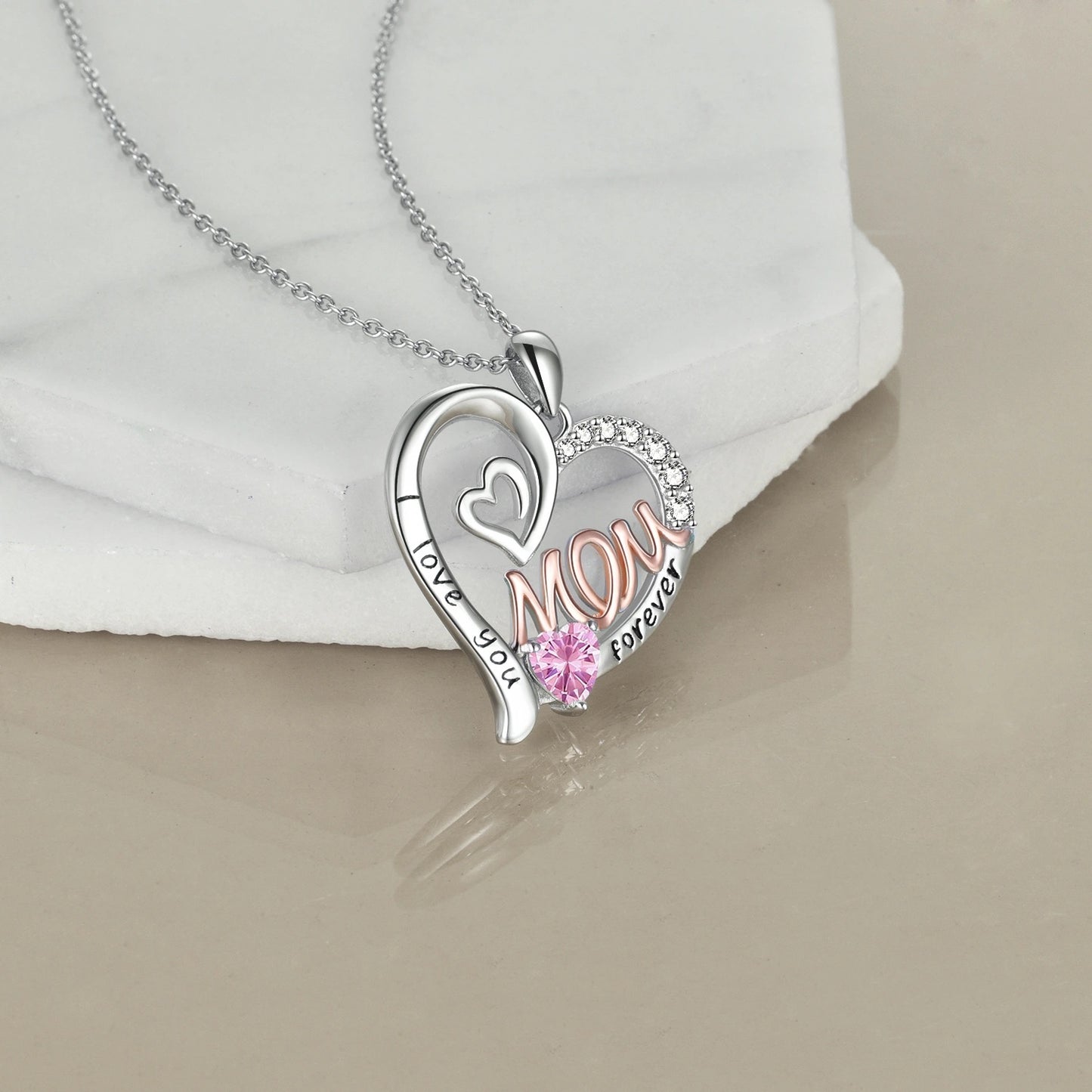 Flag Village Mom Necklace S925 Sterling Silver Heart CZ Pink Stone Love Mum Pendant Birthstone Jewelry for Women Mother Gifts