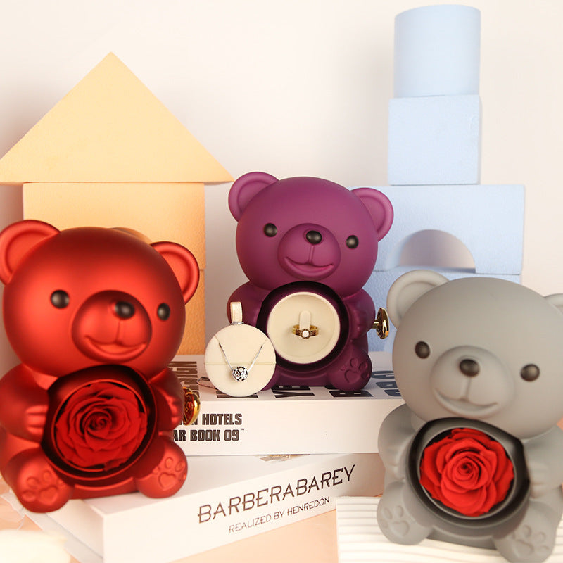 Flag Village Eternal Rose Teddy Bear Gifts Box With Necklace Rotate Rose Jewelry Box Valentine Wedding Storage Gift Case For Women Girlfriend